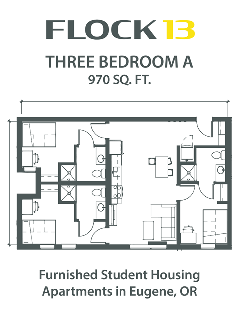 a floor plan of a three bedroom apartment with roommates